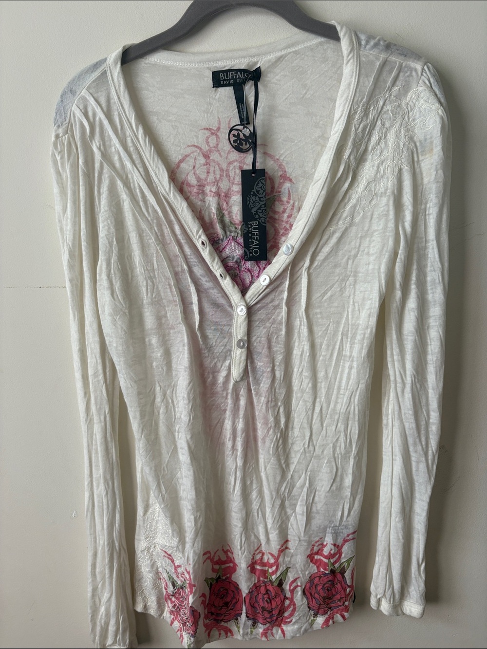 Buffalo David Bitton White Long-Sleeve Henley with Pink Rose Border